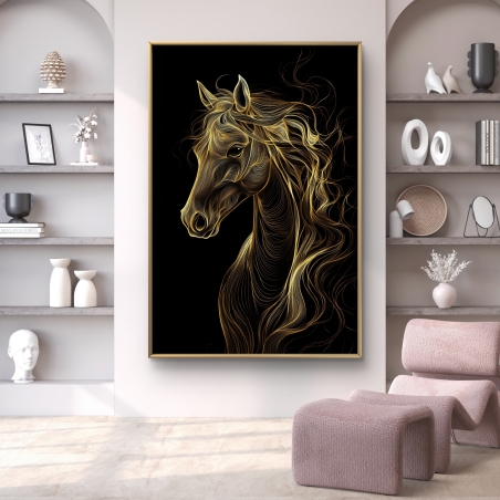 תמונת קנבס לאורך עם איור מוזהב של סוס על רקע שחור, הדפסה איכותית חלקה, מקולקציית תכשיט לבית