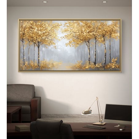 תמונת קנבס יוקרתית של יער בגווני זהב ואפור, מתאימה לעיצוב חללים מודרניים.