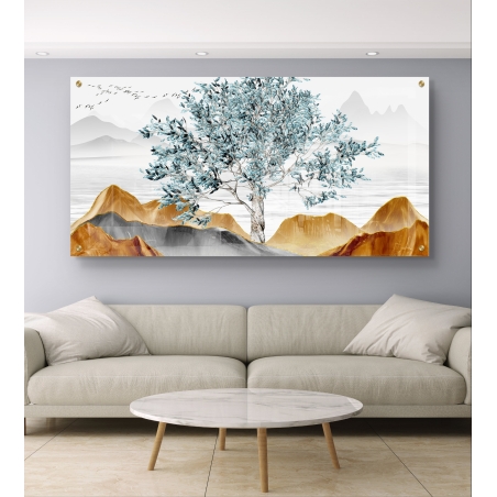 תמונה לרוחב על זכוכית עם עץ תכלת ונוף הרים זהובים – הדפסה חלקה ואיכותית מקולקציית תכשיט לבית