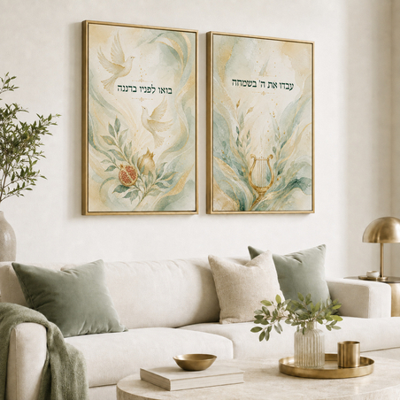 זוג תמונות קנבס עבדו את ה׳ בשמחה בירוק וזהב | דגם RB1443
