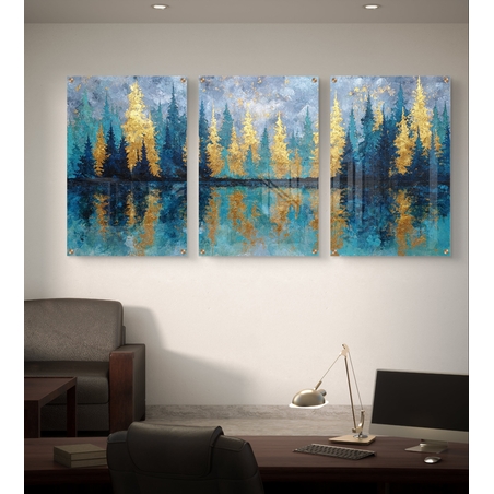 שלישיית תמונות זכוכית אבסטרקטיות עם עצים בגווני כחול וטורקיז ונגיעות זהב, בהשראת יער והשתקפות מים
