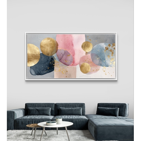 קנבס מודרני עם צורות עגולות בזהב, כתמי צבע רכים בכחול ונייבי על רקע בהיר
