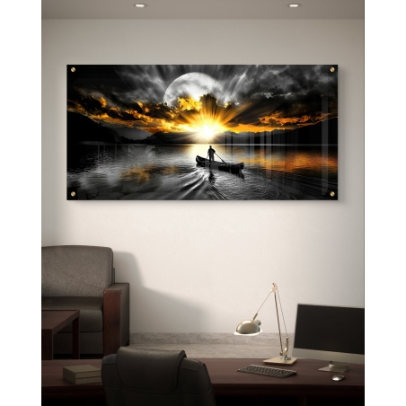 תמונת זכוכית של גבר חותר בסירה לעבר שקיעה וירח מלא דרמטי, עם השתקפות במים – בעיצוב יוקרתי ועוצמתי.