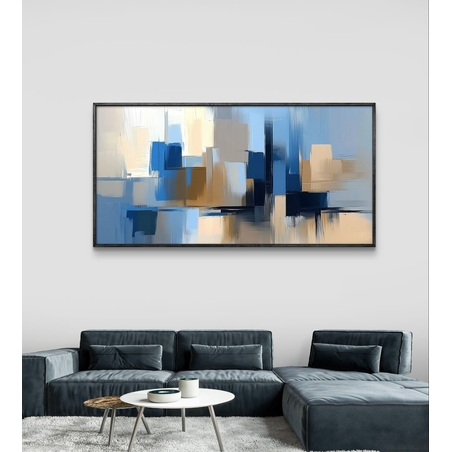 תמונת קנבס לרוחב בעיצוב אבסטרקטי עם מריחות צבע בגווני כחול, שמנת וחול, בסגנון מודרני ורגוע