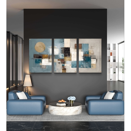 שלישיית תמונות זכוכית אבסטרקטיות בגווני תכלת, זהב ושמנת בעיצוב מודרני ויוקרתי לסלון