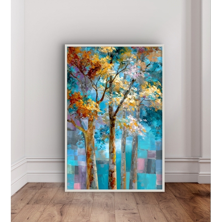 תמונת קנבס עם עצים אמנותיים בגווני תכלת, טורקיז וזהב, בעיצוב מודרני ומרגיע לבית