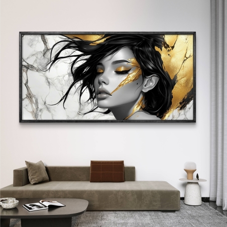 תמונת קנבס של פורטרט נשי עם אלמנטים זהובים על רקע שיש מודרני - יצירת אמנות יוקרתית מבית 