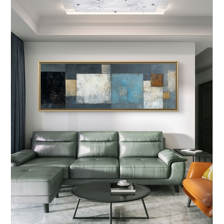 ריבועים שקטים – תמונת קנבס פנורמית אבסטרקטית בגווני כחול, לבן, אפור וזהב | CT4672