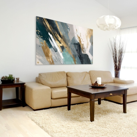 תמונת זכוכית לרוחב בעיצוב אבסטרקטי בגווני טורקיז, זהב, לבן ואפור מבית תכשיט לבית.