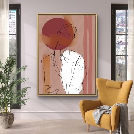 תמונת קנבס מופשטת עם דמות בקווים עדינים ורקע בגווני חמרה ובורדו – עיצוב מודרני של תכשיט לבית