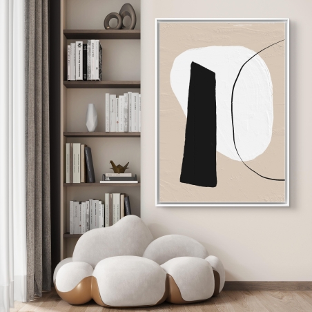 תמונת קנבס מופשטת בגווני בז', לבן ושחור בעיצוב מינימליסטי מקולקציית תכשיט לבית, מודפסת בהדפסה חלקה ואיכותית.