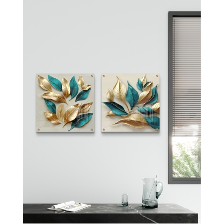 זוג תמונות זכוכית מרובעות בגווני טורקיז/זהב 