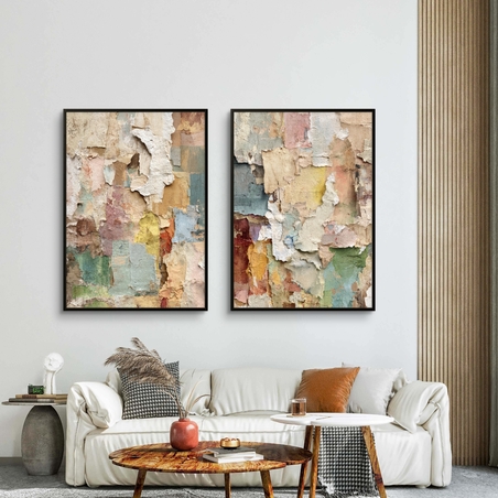 סט תמונות קנבס זוגיות עם שכבות צבע וטקסטורה בהשראת קירות עתיקים בגווני פסטל טבעיים