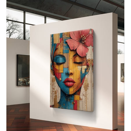 דיוקן נשי אומנותי עם עיניים עצומות ופרח בשיער בגווני טורקיז, זהב ואדמה מודפס על קנבס איכותי