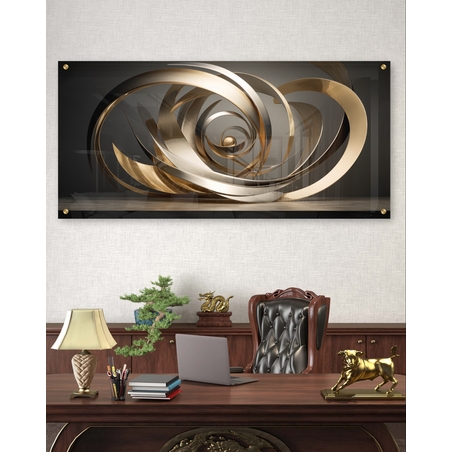 תמונת זכוכית לסלון או למשרד סגנון גיאומטרי גוונים חום וזהב דגם - B10094