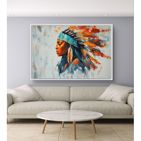 תמונת קנבס של אישה אינדיאנית עם נוצות צבעוניות על רקע מופשט – יצירה נועזת מקולקציית תכשיט לבית.