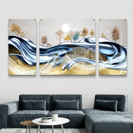 תמונה זכוכית מחולקת לשלושה חלקים עם גלים כסופים, עצים בשלכת ואיילים מוזהבים בעיצוב טבע מודרני