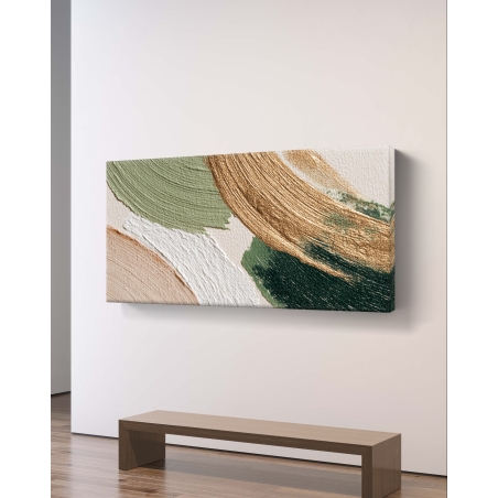 תמונת קנבס עם משיכות צבע בגווני ירוק, בז' וזהב בעיצוב מודרני ואלגנטי מבית תכשיט לבית
