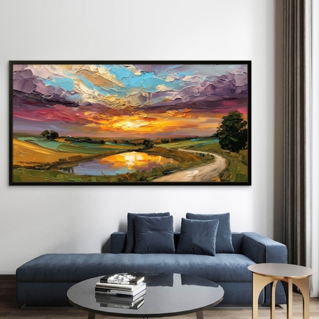 תמונת קנבס לרוחב של שקיעה צבעונית מעל אגם עם עננים דרמטיים ושדות ירוקים – NEXTGEN BY BAR