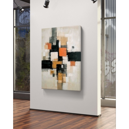 תמונת קנבס אבסטרקטית בגווני בז’, כתום ושחור בעיצוב גאומטרי מודרני מבית תכשיט לבית