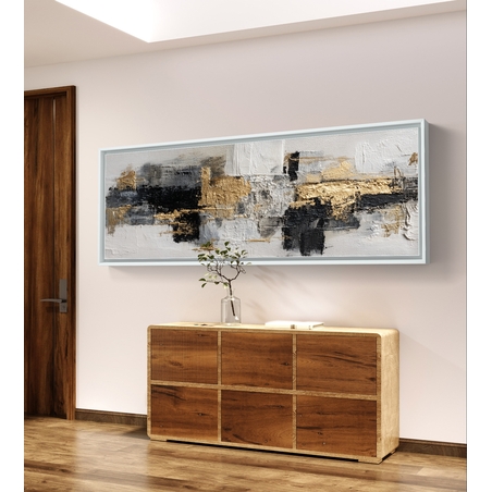 תמונת קנבס פנורמית אבסטרקטית בגווני שחור, לבן ואפור עם נגיעות זהב בעיצוב מודרני ויוקרתי