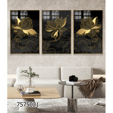 שלשה על קנבס פרחים זהב שחור מתוח וממוסגר לחדר השינה או לסלון דגם 7575021