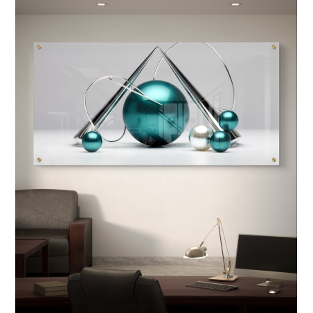 תמונת זכוכית לרוחב עם אלמנטים מתכתיים, כדורים בגווני טורקיז וכסף, וקומפוזיציה גאומטרית מודרנית – בהדפסה חלקה ואיכותית.