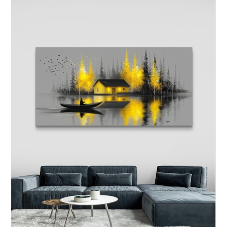בית הזהב בערפל – תמונת קנבס נוף סירה ובית על אגם | CY4515