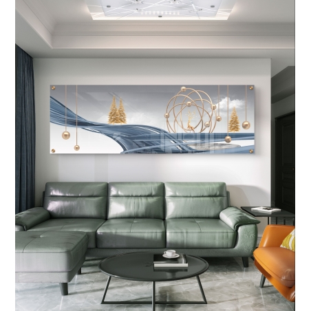 תמונת זכוכית פנורמית בעיצוב מודרני עם קווים כחולים זורמים, אייל זהוב בתוך מבנה גיאומטרי ועצים מטאליים – הדפסה איכותית על זכוכית חלקה.