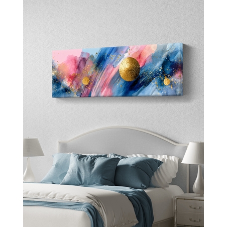 תמונת קנבס פנורמית צבעונית בגווני כחול וורוד עם נקודות זהב בהדפסה חלקה – תכשיט לבית