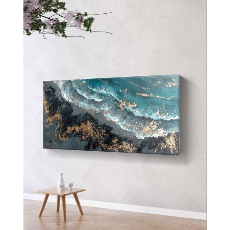 תמונת קנבס עם גלים בגווני טורקיז וזהב בעיצוב יוקרתי מבית תכשיט לבית
