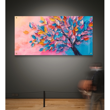 תמונת זכוכית רחבה עם עץ צבעוני בגווני ורוד, כתום וטורקיז על רקע פסטל, בסגנון מריחת מכחול עבה.