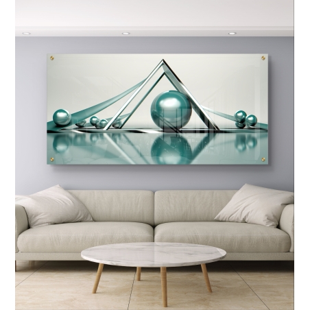תמונת זכוכית לרוחב המציגה קומפוזיציה מופשטת של משולשים וכדורים טורקיזיים מבריקים על רקע בהיר, בהדפסה איכותית בגימור חלק.