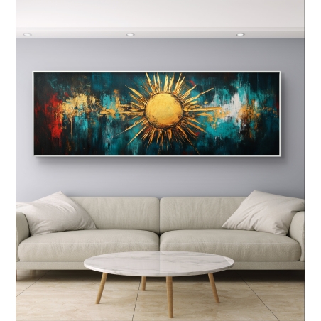 תמונת קנבס פנורמית עם שמש מופשטת בזהב על רקע בגווני טורקיז, אדום ושחור, תלויה מעל ספה בצבע בז' בסלון מודרני.