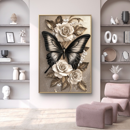 תמונת קנבס לאורך עם פרפר שחור־קרם ופרחי ורדים שמנת וזהב על רקע בהיר, בעיצוב אומנותי מהקולקציה של תכשיט לבית