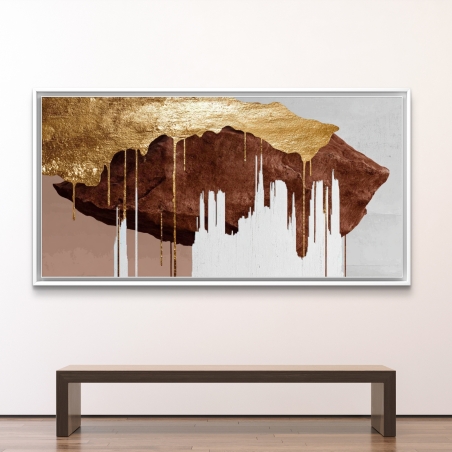 תמונת קנבס רוחבית בגווני חום, לבן וזהב נוזלי, בעיצוב אבסטרקטי מודרני לסלון