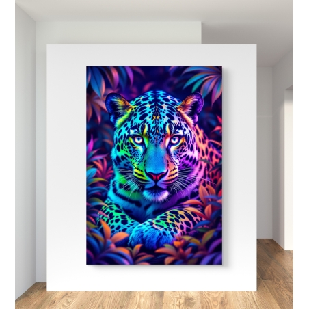 תמונה דיגיטלית של נמר בצבעי ניאון מרהיבים בין עלים, מתוך קולקציית M-X ART לעיצוב חללים מודרניים.