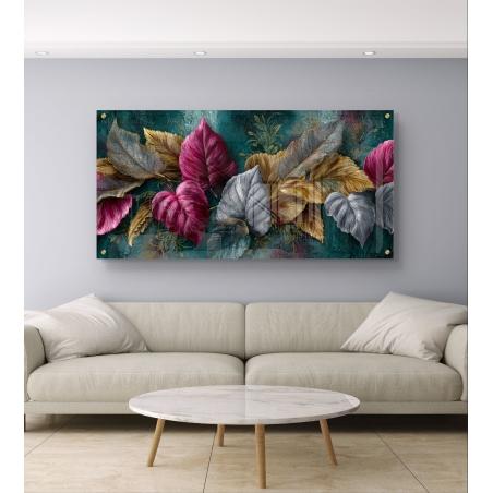 תמונת זכוכית לרוחב עם עלים בזהב, ורוד וכסף בעיצוב אמנותי יוקרתי מבית תכשיט לבית