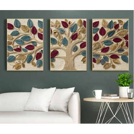 שלוש תמונות קנבס עם עץ תלת מימדי ועלים בצבעי בורדו, זהב וכחול על רקע שמנת מעודן