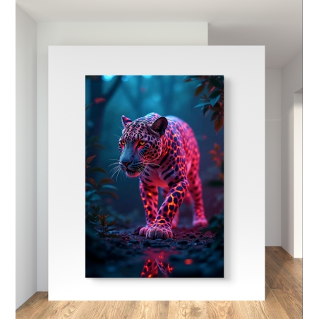 תמונה דיגיטלית של נמר זוהר בתאורת ניאון ורודה-כחולה, עומד בתוך יער אפלולי, מתוך קולקציית M-X ART