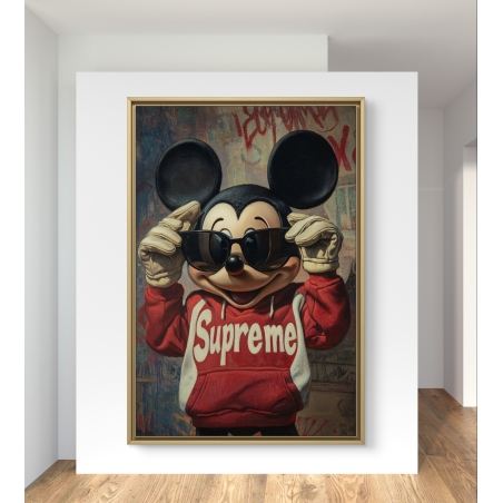תמונת קנבס של דמות מצוירת מפורסמת עם קפוצ’ון אדום שעליו כתוב Supreme, חובשת משקפי שמש על רקע גרפיטי צבעוני.