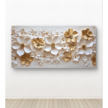 תמונת זכוכית עם עיצוב תלת-ממדי של פרחים לבנים וזהובים - יצירת אמנות יוקרתית מבית 