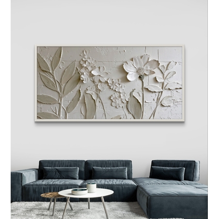 תמונת קנבס לרוחב עם פרחים לבנים בגווני שמנת בעיצוב אלגנטי ומינימליסטי