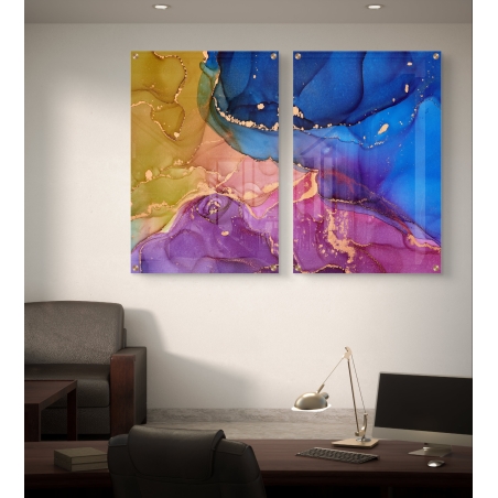 זוג תמונות זכוכית בצבעים עזים בגווני כחול, סגול וזהב בעיצוב מופשט מתוך קולקציית תכשיט לבית