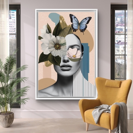 תמונת קנבס עם דמות אישה, פרחים ופרפר כחול בעיצוב מודרני מתוך קולקציית תכשיט לבית