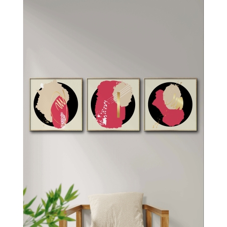 שלישיית תמונות מרובעות לסלון על קנבס גוונים ורוד ושחור דגם - A68504
