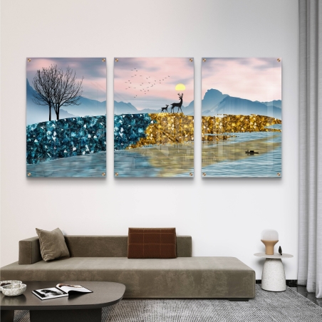 שלישיית תמונות זכוכית עם נוף הרים כחול וזהב, איילים בשקיעה וסירה קטנה במים
