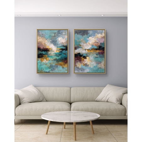 זוג תמונות קנבס מופשטות בגווני טורקיז, זהב ואפור, בהדפסה חלקה ואיכותית, מסדרת NEXTGEN של תכשיט לבית.