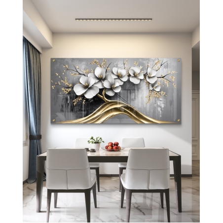 תמונת זכוכית לסלון/חדר שינה בגוונים זהב/אפור 