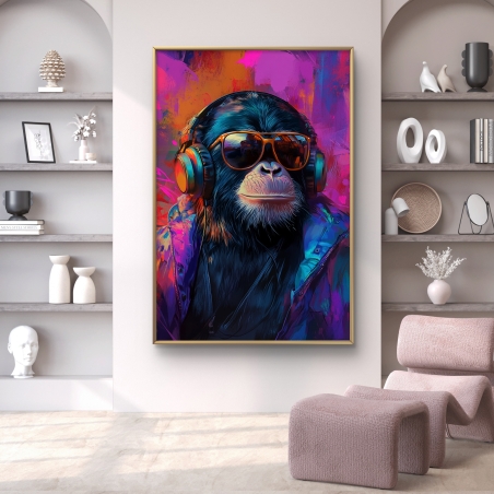 תמונת קנבס של קוף עם אוזניות ומשקפי שמש בגוונים נועזים – עיצוב צעיר, צבעוני ויוצא דופן